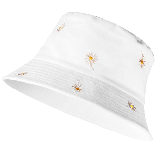 Sibba 1 PC Bucket Hat Beach Sun Protection Summer Foldable Wide Brim Fishing Cap Sunhat Casual Vacation Aesthetic Accessories Girl Women Kids Travel (White Sunflower)