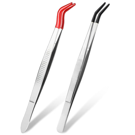 Wanmu 2Pcs Tweezers Curved Bent Tip, Stainless Steel Tweezers with Rubber Silicone Tips, PVC Coated Soft Long Rubber Tips Tweezers, Bent Tip Tweezers for Crafts Repairing Jewelry Craft Tool
