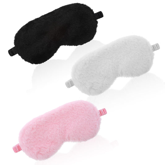3 Pcs Plush Sleeping Eye Mask, Soft and Fuffy Plush Blindfold Comfortable Faux Fur Eye Shade with Elastic Strap for Women Men and Kids Travel Nap Sleeping (Solid Color（Black, White, Pink）)