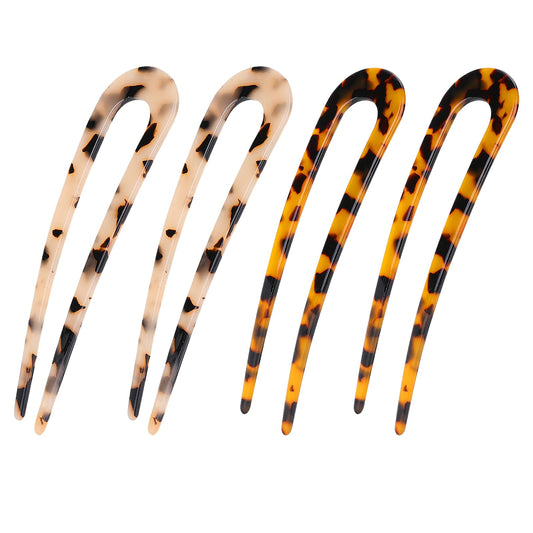 4 Pcs French Hair Forks Acetate Hair Pins Tortoise Shell U Shape Updo Clips Classic 2 Prong Hair Sticks Vintage 4.5 Inch Chignon Pin Hairstyle Accessories for Women Girls Thin Thick