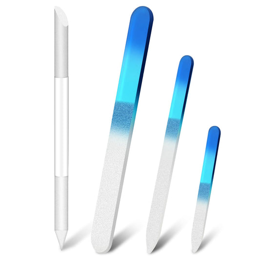 COMNICO 4 Pcs Glass Nail File for Natural Nails Professional Double Sided Etched Crystal Fingernail Files Nail Care Manicure Pedicure Tool Emery Boards Buffer for Acrylic Nails Cuticle Remover Travel