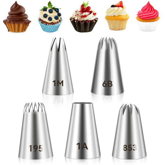 COMNICO 5Pcs Large Piping Tips Set Stainless Steel Frosting Icing Piping Tips Cake Decorating Tips Professional Baking Tools for Cookies Cupcake Cake Decorating Home Bakery Baking Supplies
