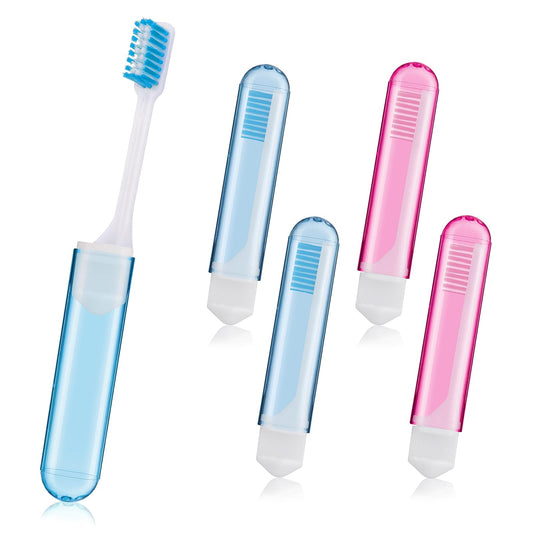 Sibba Manual Toothbrush 4 PCS Folding Foldable Soft Bristle Finger Holders Set Mini Handle Tooth Brush Mouth Toiletries Portable Traveling Cover Small Head Gum Clean Travel Size Family Oral Care