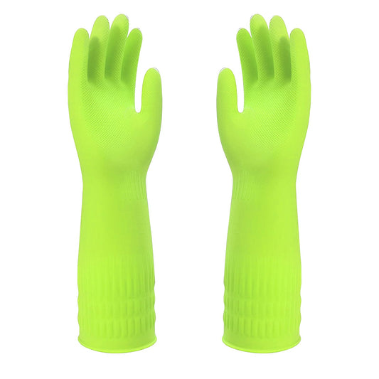 COMNICO Rubber Cleaning Gloves 15inch Extra Long Waterproof Non-Slip Reusable Housework Bathroom Kitchen Grippy Latex Supplies for Dish Washing Bleaching, 1 Pair Red or Green (Green)