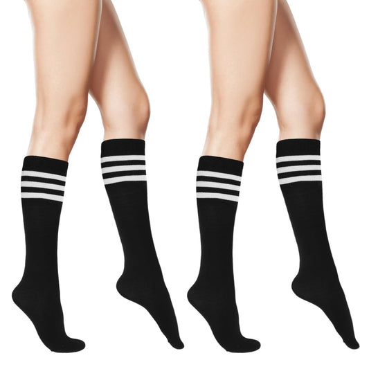 Sibba 2 Pair Black and White Stripes Thigh High Socks Womens Cotton Thermal Boot Top Long Socks Causal Soild Stripe Tube Socks for Daily Wear Cosplay Party Christmas