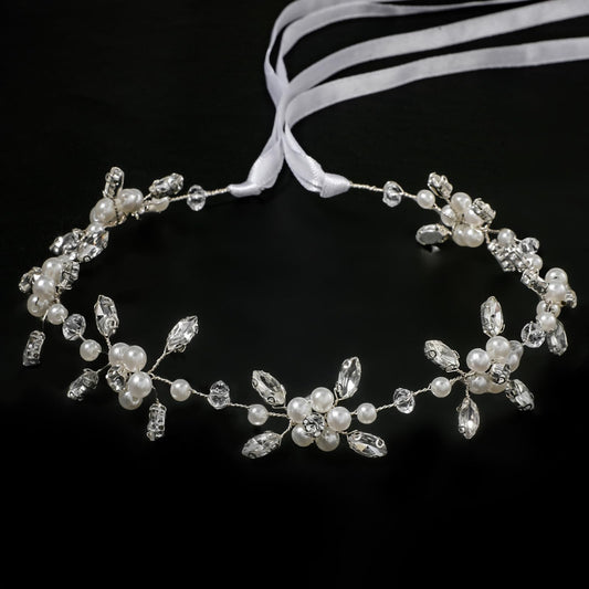 Sibba Flower Girl Headpiece Silver Wedding Headband Pearl Hair Accessory Princess Crystal Head Wear Women White Rhinestones Hairbands Bridal Hair Hoop for Birthday Party First Communion
