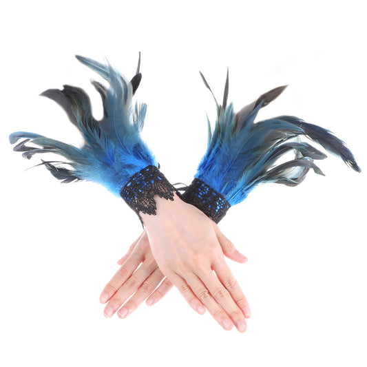 COMNICO Women's Feather Wrist Cuffs Floral Lace Wings Bracelets Black Gothic Mesh Wristband for Cosplay Halloween Costume