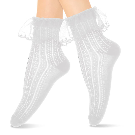 Sibba Ruffle Liners Socks 1 Pair Cute Lace Frilly Kawaii Girl Lady Ankle Bride Dance Fairy Goth Sock High Stacked Top Dress Schoolgirl Halloween Cosplay Christmas Winter Clothing (Spiral Style White)