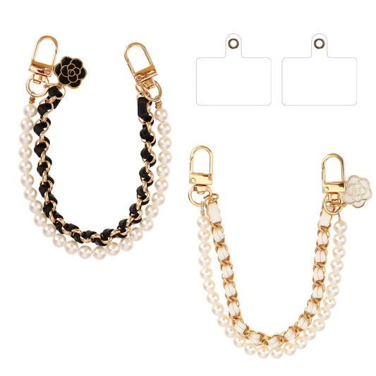 COMNICO Pearl Beaded Phone Chain, 2 Pcs Anti Lost Phone Wrist Strap Double Chains Hand Wrist Phone Straps Aesthetic Pearl Beaded Strap Cute Phone Charms Decoration for Keychain Phone Wallet Camera