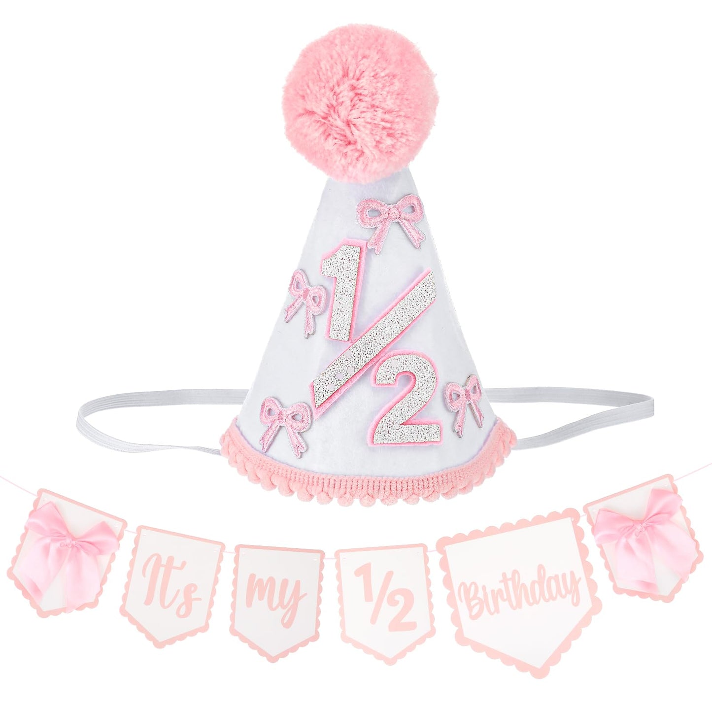 ElevateTech 1/2 Birthday Party Cone Hat Half Way to One 6 Months Birthday Crown with High Chair Banner Pink Bow Cake Smash Crown Tiara Birthday-Decorations for Outfit Photo Prop Decor Gifts, Pink