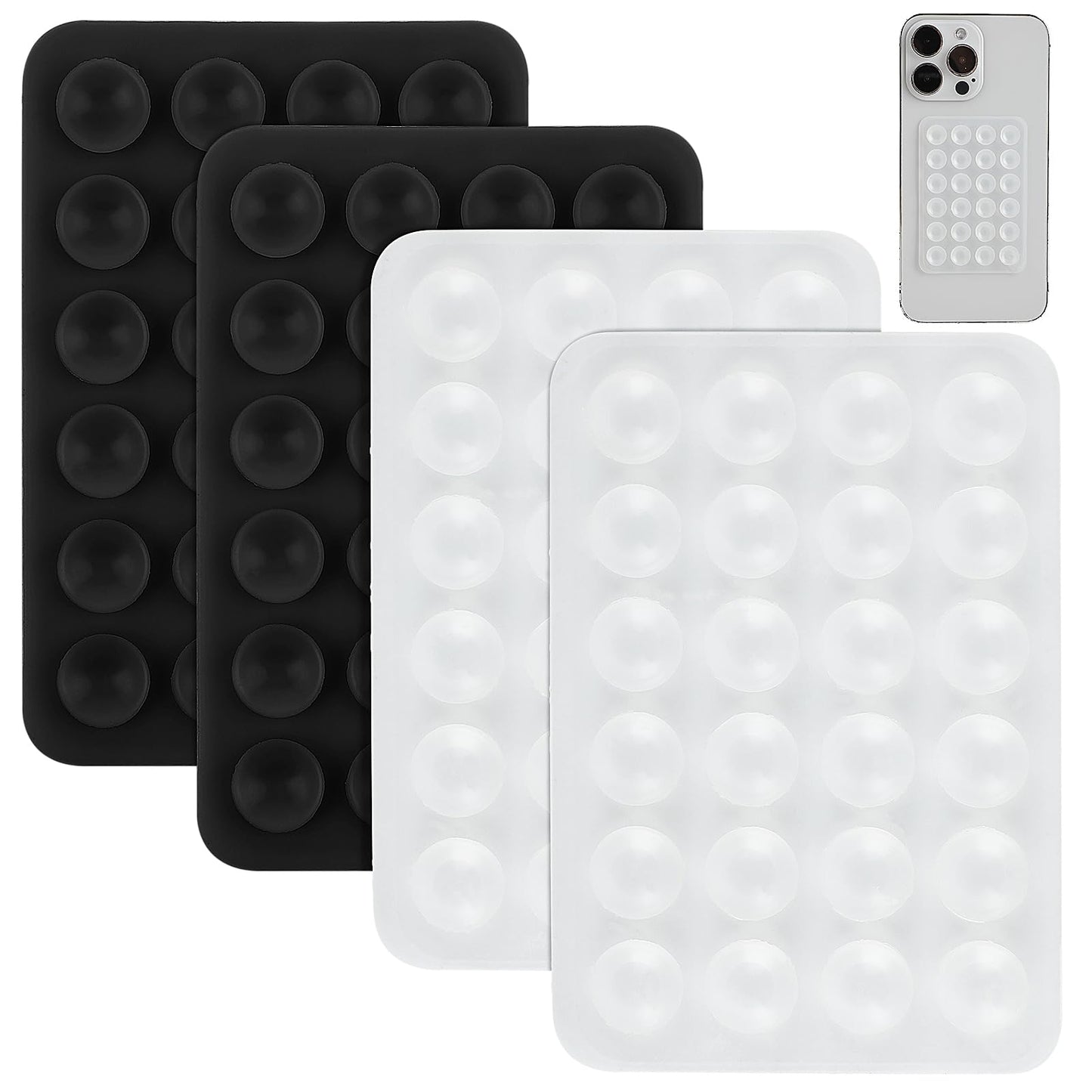 4Pcs Silicone Suction Phone Case Mount, Non Slip Suction Cup Phone Mount with Backing Mobile Fidget Mirror Holder for Selfies and Tiktok Videos Compatible with iPhone and Android Cases (Black&White)
