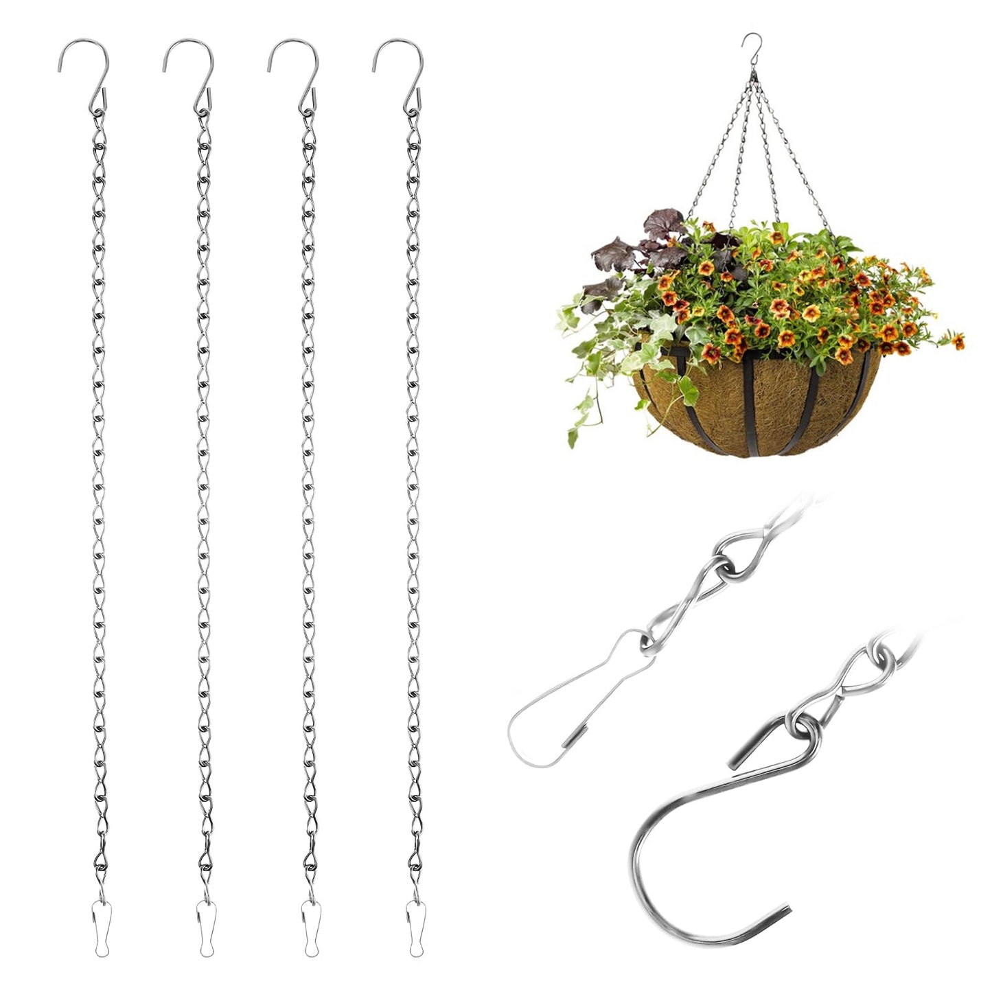 Pack of 4 Hanging Basket Chains with Hooks 50 cm Hanging Basket Chains Flower Pot Chain Black Metal Chain Garden Plant Hanger for Bird House Bird Feeder Wild Bird Food Lanterns Billboard Wind Chimes