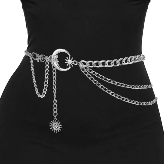 Wanmu Layer Metal Chain Belt Moon Sun Belly Belt Body Chain Fashion Link Belts Skinny Dress Waist Belts for Women (Silver)