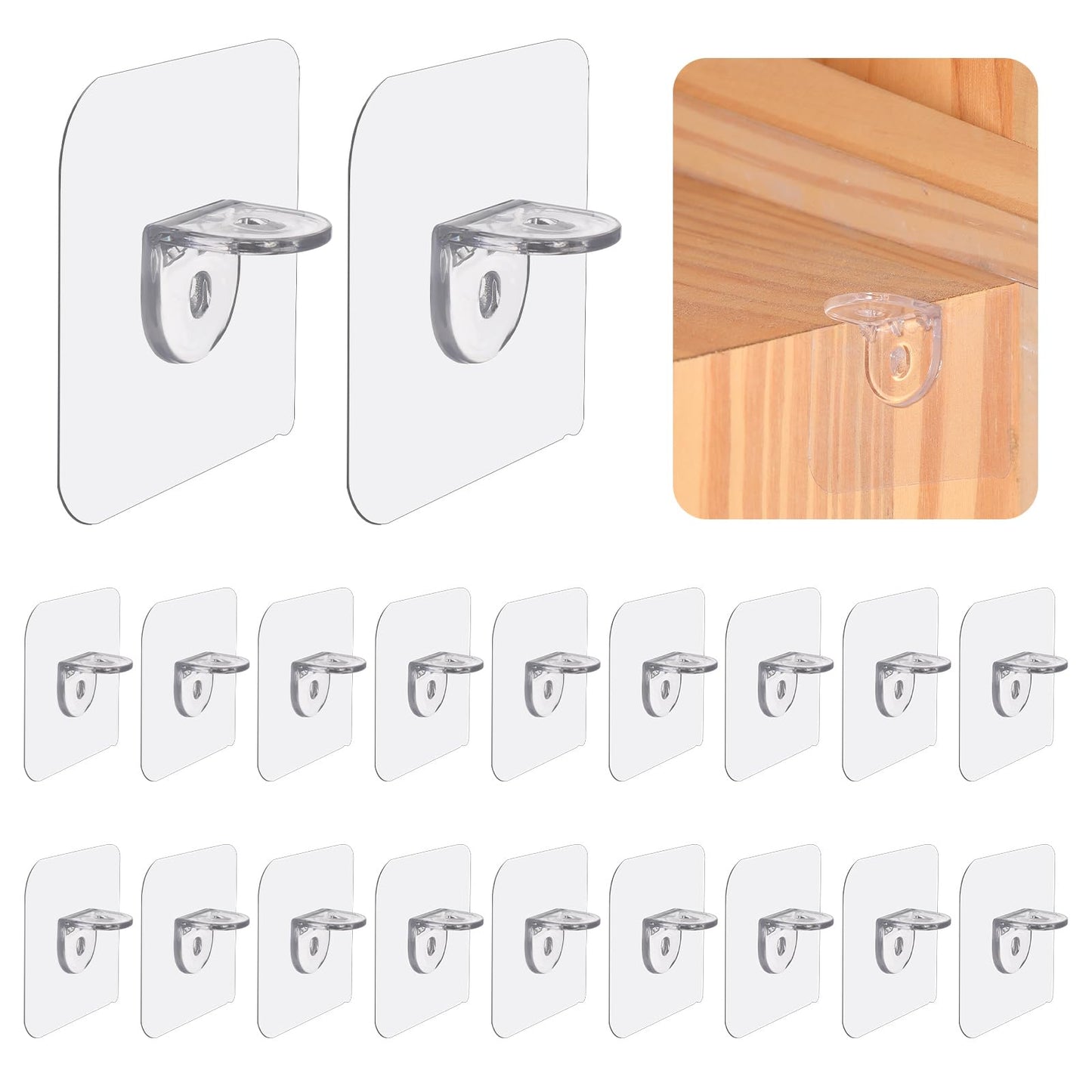 20pcs Plastic Shelf Support Peg Self Adhesive Bracket Plastic No Punching Partition Pin Clear Bracket Clips Holders for Furniture Kitchen Cabinet Book Shelves Closet Brackets Clapboard