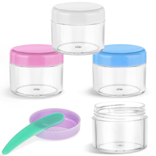 4 Pcs Plastic Cosmetic Jars with Lids Spatula Travel Cream Jars for Toiletries Refillable Makeup Sample Containers 0.7oz Round Travel Leak-proof Jars for Storage Liquid Oils Salves DIY Making