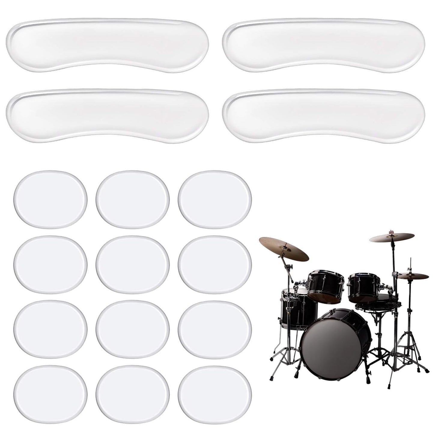 QFGasre Drum Dampeners Moon Gel for Drums Silencer Pads Silicone Drum Damper Transparent Oval Long Strip Gel-Based Sound Dampening for Cymbals Tone Control Drums Percussion Instruments 16 Pcs