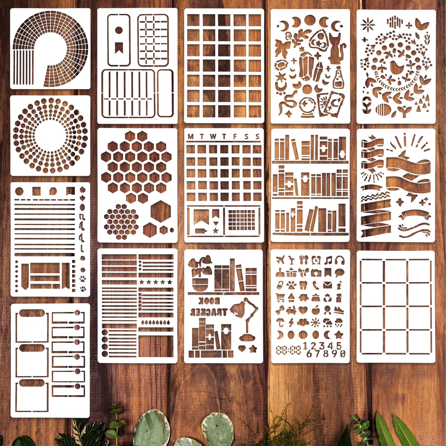 16pcs Stencils for Painting on Wood Reusable Stencil Crafts Happy Planner Stencils for Journaling DIY Drawing Templates Wall Paper Holiday Stencil Set for Art Scrapbook Home Decor Window Glass Canvas