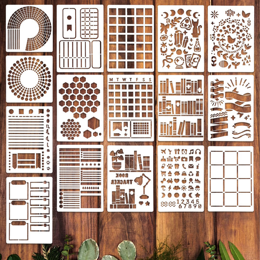 16pcs Stencils for Painting on Wood Reusable Stencil Crafts Happy Planner Stencils for Journaling DIY Drawing Templates Wall Paper Holiday Stencil Set for Art Scrapbook Home Decor Window Glass Canvas