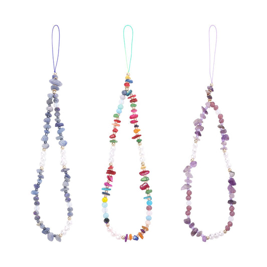 Sibba 3 Pcs Beaded Phone Charm Handmade, Natural Colourful Stone Pearl Phone Lanyard Crystal Wrist Strap, Anti-Lost Mobile Phone Chain String Lanyard Keychain Charm Tether For Women Girls
