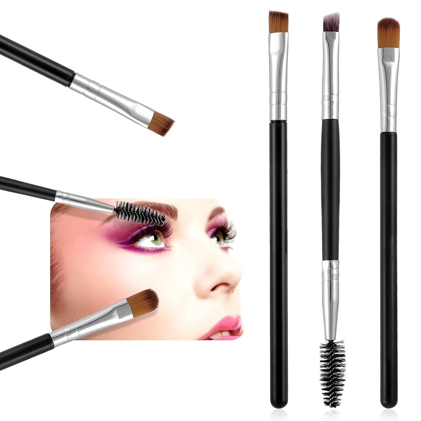Sibba 3 Pieces Eyebrow Brush Set Double-Ended Black Spoolies Eyelash Brow Eyeshadow Comb Mini Eye Lash Curler Separator Makeup Mascara Angled Eyeliner Applicator Tool for Women Girls