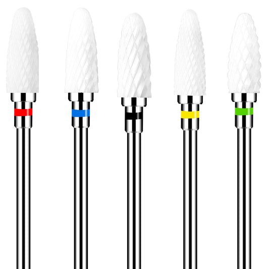 Sibba Ceramic Nail Drill Bits Set 5PCS Professional Corn Shape Carbide Bits Hard Gel Acrylic Removal Rotary Tool Fit Manicure Pedicure Cuticle Gel Nail Polishing Decoration (White)