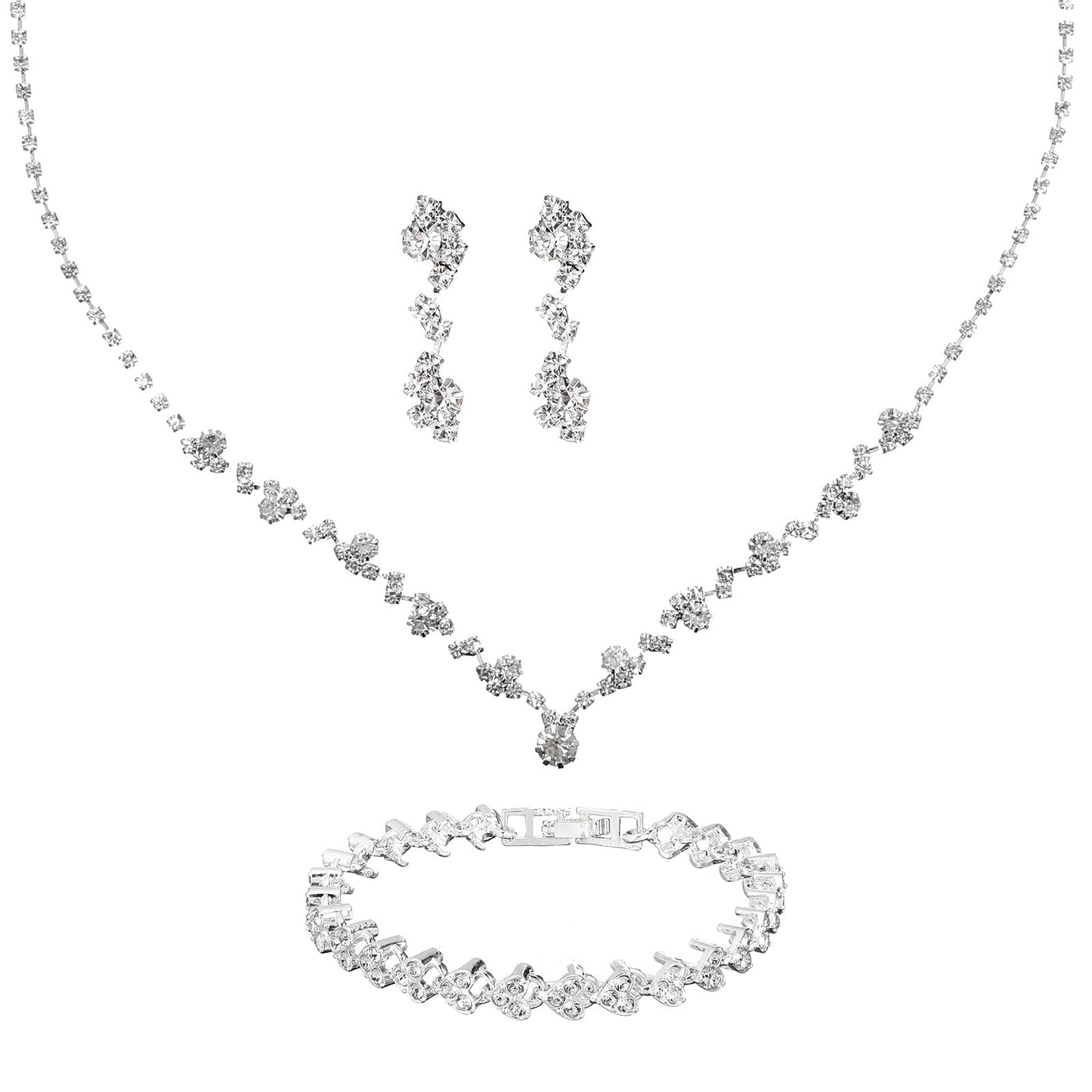 YUXIANLB Women Jewelry Set Wedding Beautiful Silver Zinc Alloy Cube Cubic Zirconia Jewelry Necklace Earrings Bracelet Flower Bridal Jewelry