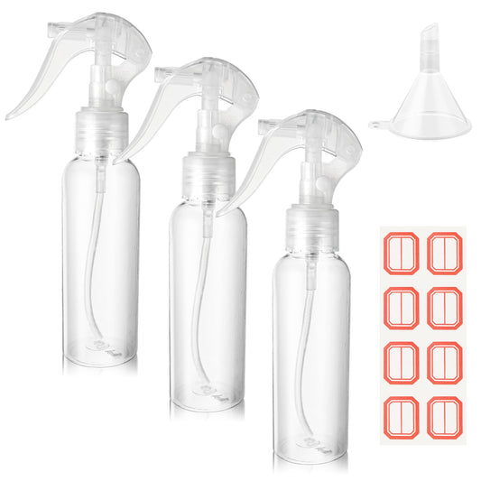 COMNICO Small Spray Bottles, 3.5oz/100ml Clear Plastic Hair Spray Bottle Reusable Fine Mist Travel Empty Bottle with Funnels Labels, Refillable Liquid Container for Essential Oils Water Squirt(3PCS)