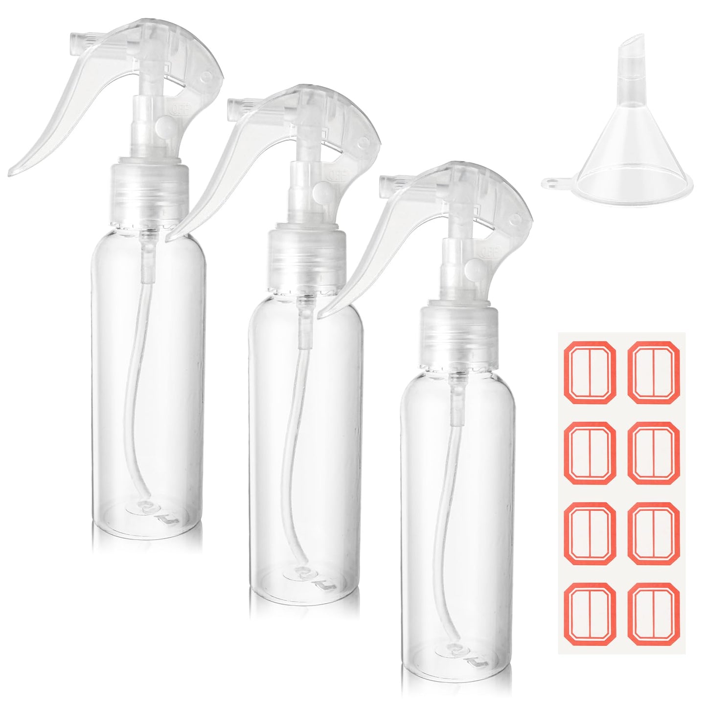 COMNICO Small Spray Bottles, 3.5oz/100ml Clear Plastic Hair Spray Bottle Reusable Fine Mist Travel Empty Bottle with Funnels Labels, Refillable Liquid Container for Essential Oils Water Squirt(3PCS)