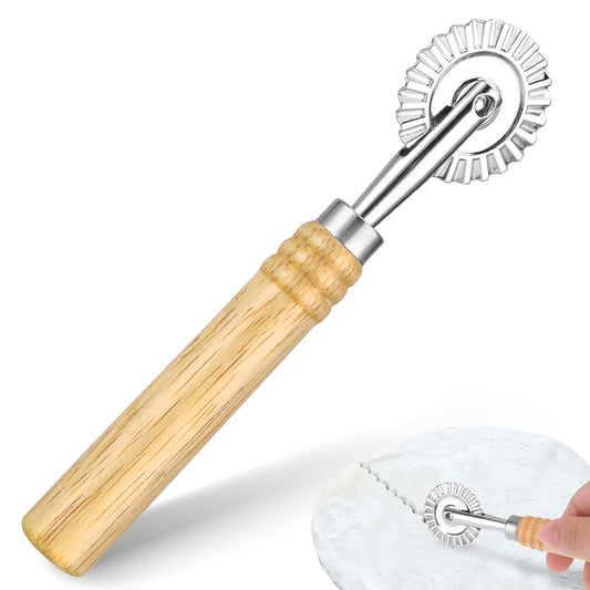 COMNICO Pasta Cutter Wheel Zinc Alloy Long Wooden Handle Ravioli Stamp Maker Press Rolling Rotary Cutter Pizza Pastry Tools Fluted Edge Molds Home Attachment Kitchen Gadget Features