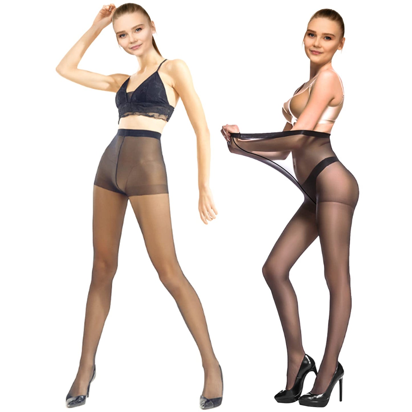 Sibba Slim Stockings Stretch Tights Black Pantyhose Panty Hose Sheer Plus Size Clothing Control Top Hosiery Breathable Legs Winter Back Crotch Long Socks Women Girls (L Below 60 kg)