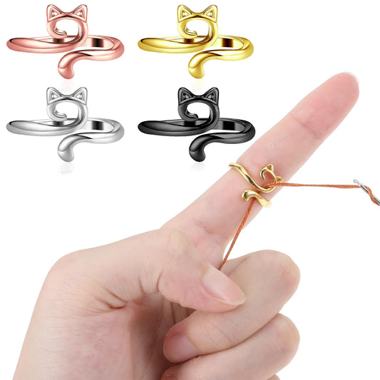 Dimeho 4 Pack Adjustable Crochet Rings Cute Cat Knitting Yarn Guide Holder Wide Open Finger Loop Braided Thimble Knit Accessories for DIY Craft Sweater Scarf Handicrafts
