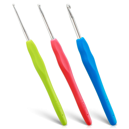 Dimeho 3 Pack Crochet Hook Knitting Needles Ergonomic Soft Handle Hooks Smooth Lightweight Knit Needle Professional Rubber Metal Crocheting Tool for Yarn Craft Beginners Advanced