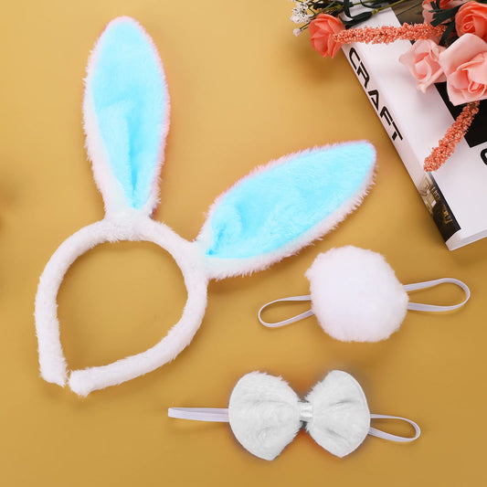 Sibba Bunny Headbands Rabbit Tail Fluffy Ears Collar Bow Tie Cuff Set Halloween Christmas Headpiece Hot Party Fairy Bride Women Adult Costume Accessories (Blue)