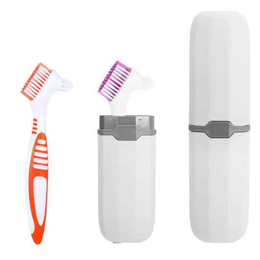 Wanmu Denture Cleaning Brushes, Pack of 2 Denture Brushes, Double-Sided Toothbrush with Moderate Multilayer Bristles, Denture Brush with Portable Toothbrush Box for Denture Care