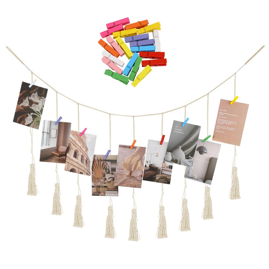 COMNICO Hanging Photo Display Wall Decor, Boho Macrame Wall Hanging Picture Frame Collage Board Garland Card Holder with 20 Clips for Living Room Bedroom Dorm Decor, Teen Girl Gifts
