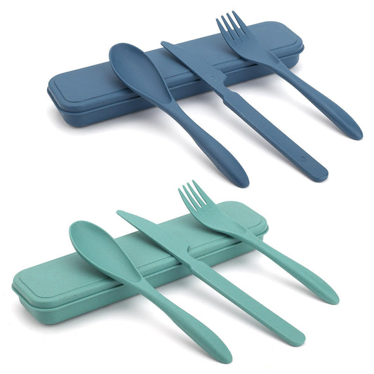 Sibba Cutlery Set Flatware Eating Utensils 2 Packs Camping Travel Case Kits Reusable Portable Lunch Dinnerware Accessories Adults Fork Spoon Storage Box Outdoor