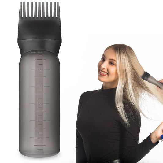 COMNICO Root Comb Applicator Bottle 6 Ounce Hair Color Dispenser Scalp Brush Cap Cover Portable Plastic Hair Dye Oil Applying Applicator with Graduated Scale (Black)