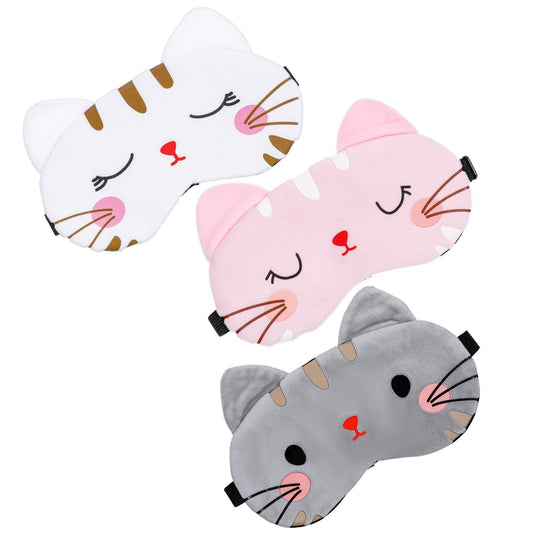 Wanmu 3Pcs Cute Eye Mask for Sleeping, Cute Animal Eye Cover, Soft Sleeping Eye Shade, Night Sleeping Eye Masks, Adjustable Elastic Sleeping Kitty Blindfolds for Women Men Kids(White, Pink, Grey)