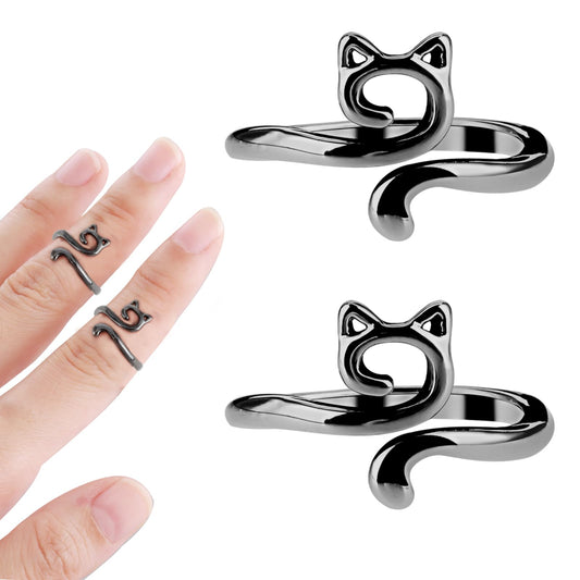 Sibba Crochet Finger Tension Rings 2 PCS Crocheting Knitting Yarn Holder Adjustable Versatile Cat Pattern Guide Loop Braided Knitted Weaving Knit Regulator Decorating Fingers (Black)
