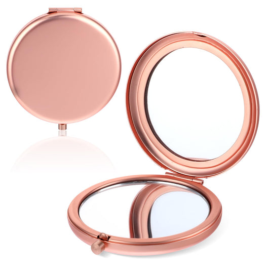 Dimeho 2 Pcs Compact Folding Mirror Round Makeup Mirror Magnifying Portable Mini Cosmetic Mirror Travel Fold Metal Double-sided Cute Vanity Mirror for Office Home Handbag Purse(rose-gold)