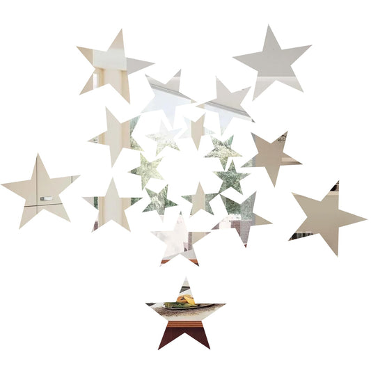 Sibba Silver Stars Stickers 40 Pcs Acrylic Sticky Mirror Wall Adhesive Decal Satin Paper Removable Sticker Setting Murals for Bedroom Home DIY Background Decoration