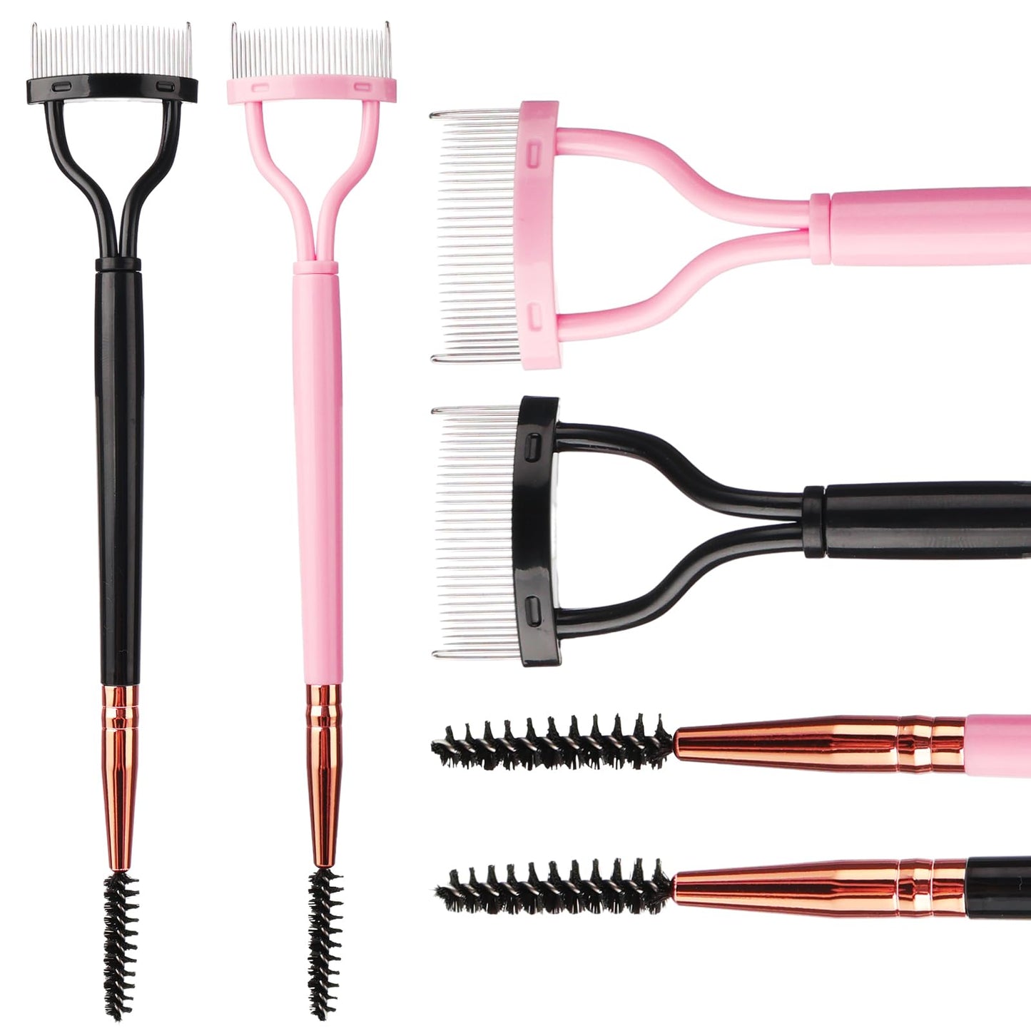 2 PCS Eyelash Separator Comb with Eye Lash Spoolie Brush for Lash Extension, Dual Head Eyelash Shaper Lash Separator Tool with Cover, Mascara Applicator Spoolie Brushes for Women Girls (Black, Pink)