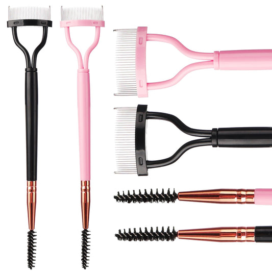 2 PCS Eyelash Separator Comb with Eye Lash Spoolie Brush for Lash Extension, Dual Head Eyelash Shaper Lash Separator Tool with Cover, Mascara Applicator Spoolie Brushes for Women Girls (Black, Pink)