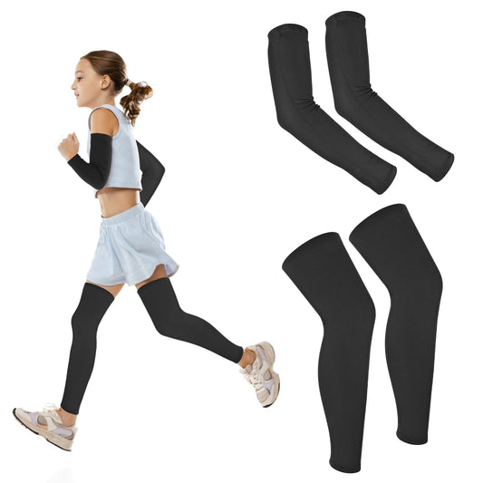Sibba Kids Long Compression Leg Sleeves, 2 Pairs Full Length Arm Sleeves Leg Sleeves for Kids, Compression Sports Sleeve for Running Baseball Cycling Basketball (Black)