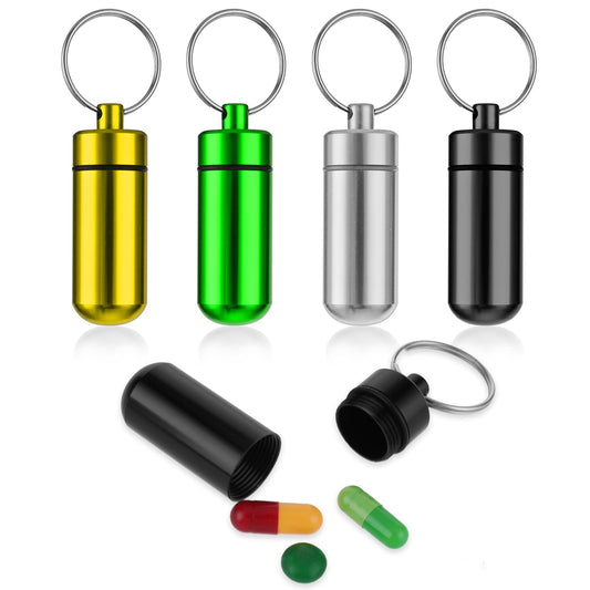 Sibba Pill Box Case Container Keychain Holder Tube 4 PCS Mini Small Portable Medicine Supplement Bottle Holder Tiny Waterproof Weekly Travel Pocket Medication Organizer Dispenser Reminder
