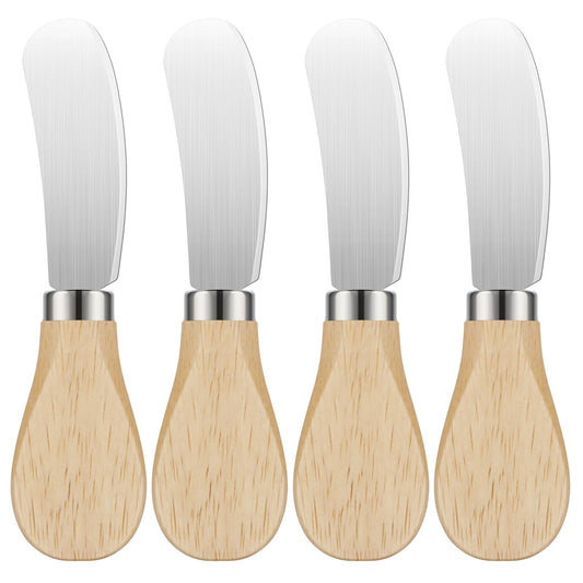 Dimeho 4 Pcs Cheese Spreader Set with Wooden Handle Mini Butter Knives Stainless Steel Cheese Slicer Small Cocktail Cutter for Charcuterie Boards Appetizers Condiments Cream Jam Sandwich