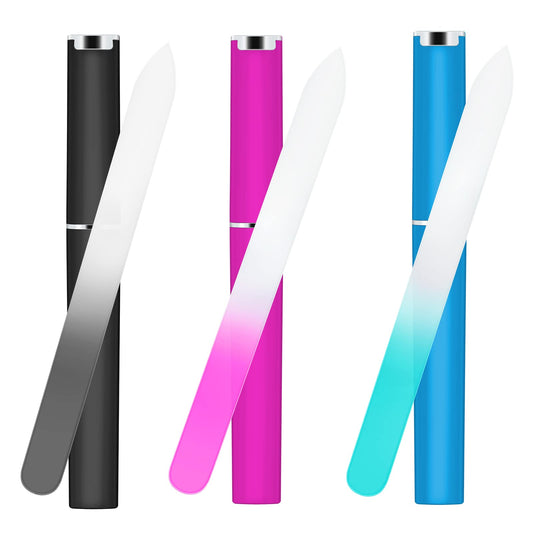 Sibba 3 Pieces Glass Nail File with Case Double-Sided Professional Crysta Manicure Tool for Natural Nails Acrylic Fake Nails Salon Pedicure Precision Filing Washable for Women Girls (Pink Black Blue)