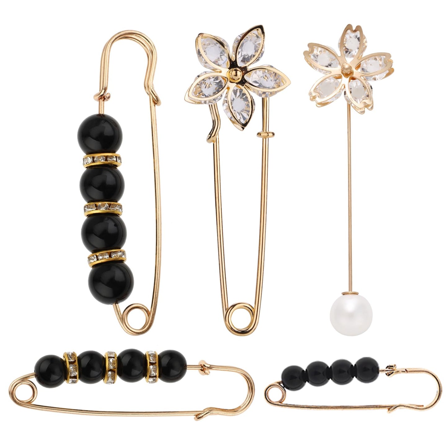 COMNICO Pearl Brooch, 5 PCS Fashion Sweater Shawl Clips Shirts Dresses Waist Pants Extender Safety Pin Faux Pearl Rhinestones Brooches for Women Girls Pant Waist Tightener