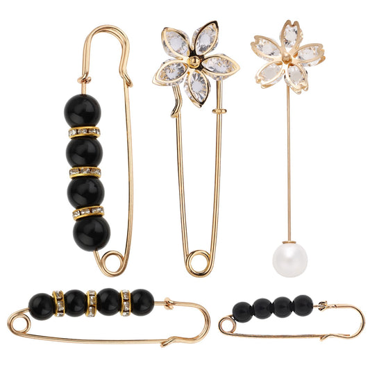 COMNICO Pearl Brooch, 5 PCS Fashion Sweater Shawl Clips Shirts Dresses Waist Pants Extender Safety Pin Faux Pearl Rhinestones Brooches for Women Girls Pant Waist Tightener