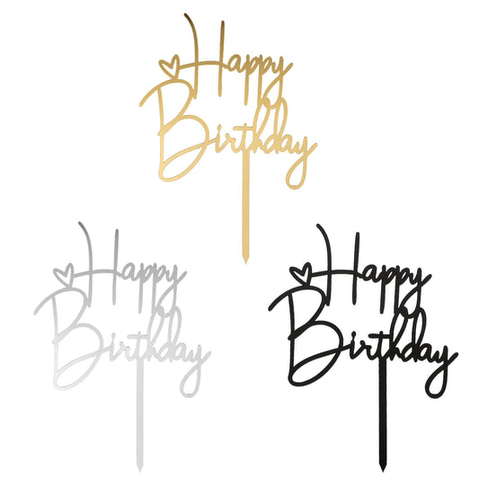 COMNICO 3PCS Cake Toppers Acrylic Heart ‘Happy Birthday’ Party Cupcake DIY Cake Insert Decorations Supplies (Black Gold Silver)